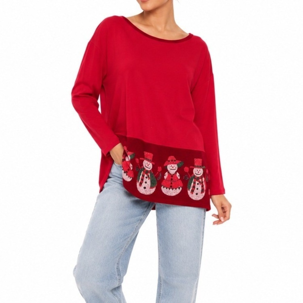 Cite Snowman Top Womens XL Red Velvet Hem Sequin Beaded Long Sleeve Festive USA